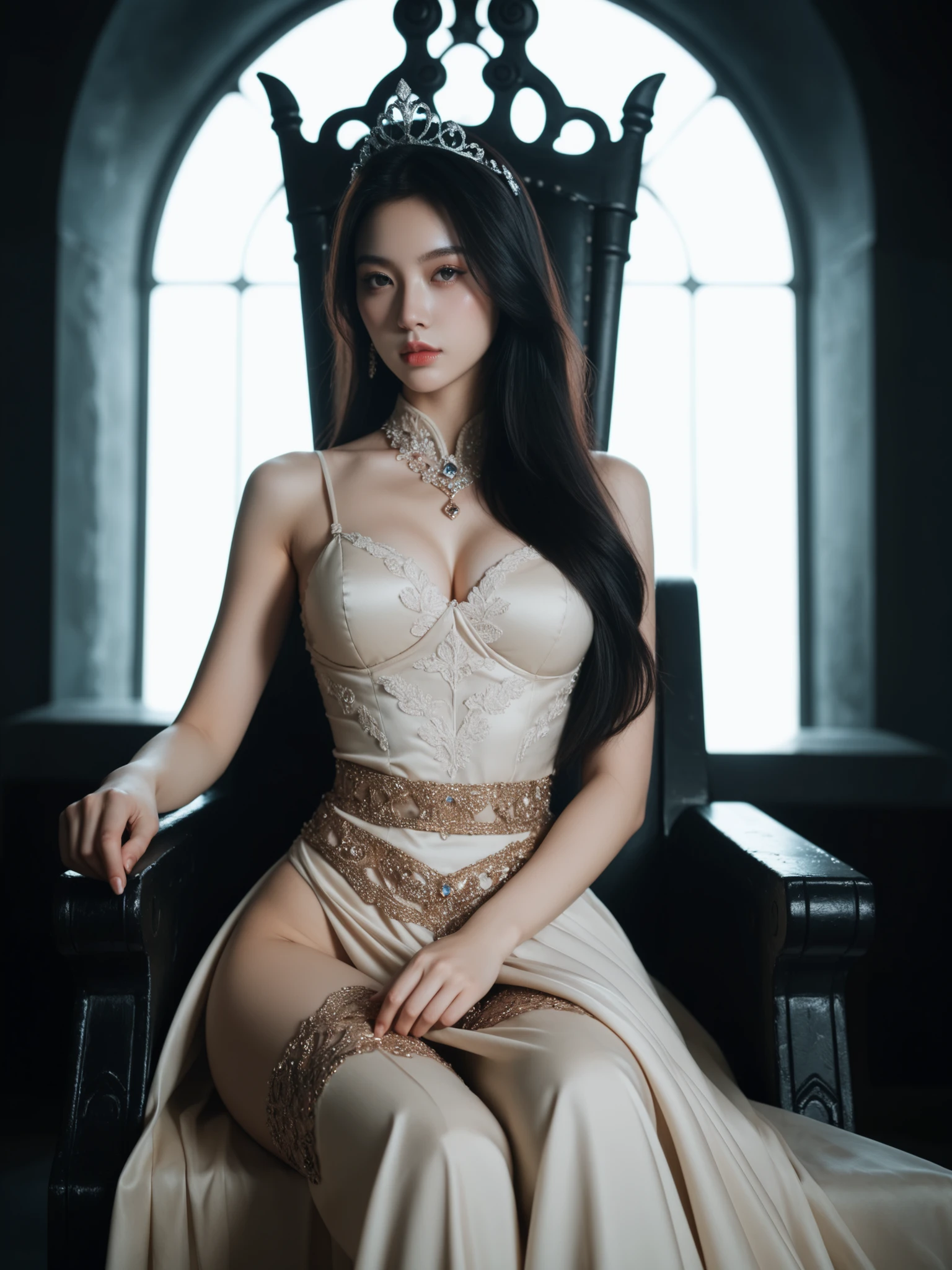 (masterpiece:1.1, Best Quality:1.1, 16K HDR, High resolution), 1girl in, Solo), (sexy and beautiful korean women), (Black hair, Long hair, a necklace, earrings, queen tiara), gigantic cleavage breasts, Colossal tits, large boob, Large breasts, (abandoned palace in Korean, evil smile, sitting on the princess chair, Full body shot), (Perfect slim body), hyper detailed face, Detailed eyes, Realistic skin texture, (sexy mummy costume, Bandaged chest, high heels),