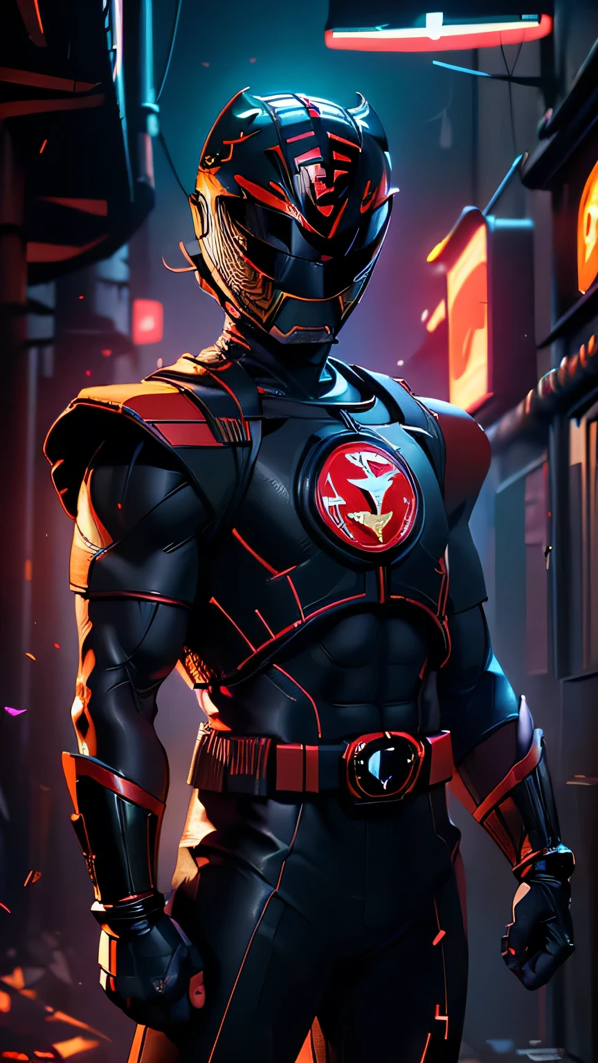 best quality,masterpiece,1boy,solo,((())),japanese boy,an extremely cute and handsome boy,highly detailed handsome face and eyes,petit,cute face,lovely face,baby face,shy smile,show teeth, Blonde hair,short hair,flat chest,skinny,slender,(((wearing Black and red Power Rangers costume, Black and red superhero helmet,black hero mask style))),(((standing in Dark Midnight Neon Glow light Cyberpunk Metropolis city))),he is looking at the viewer,solo, black breastplate, detailed helmet and armor and ninja sword