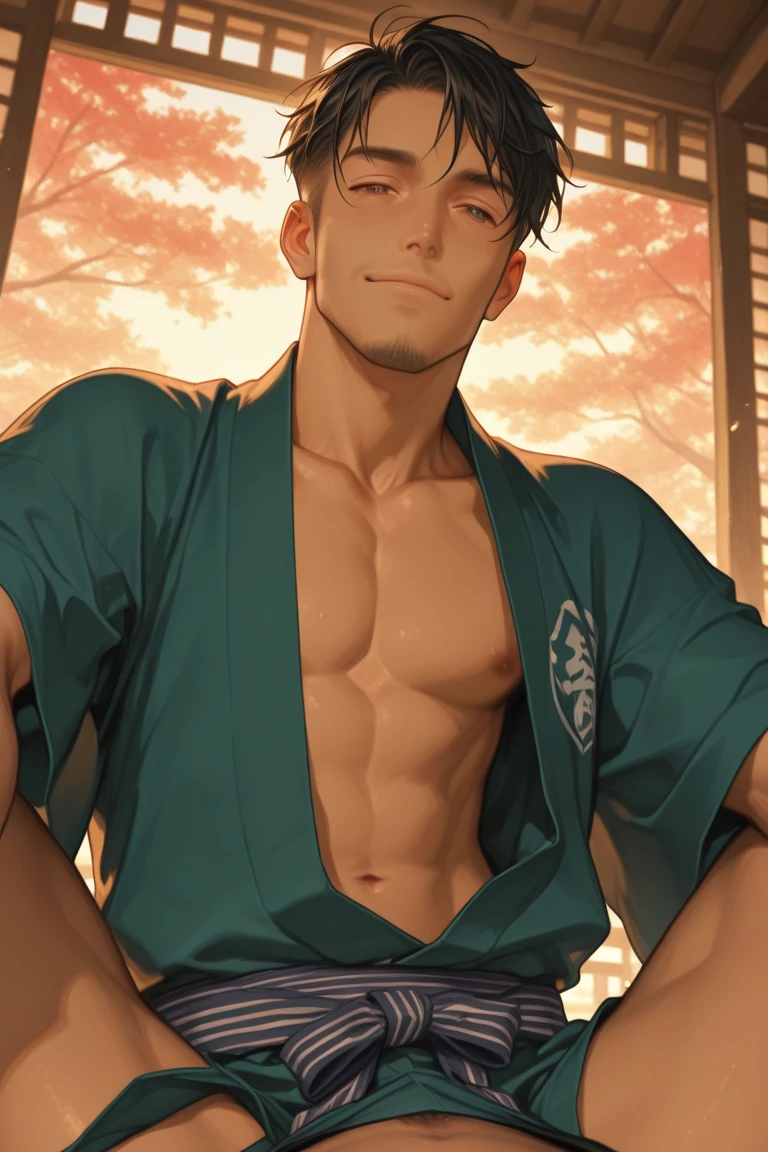 (masterpiece, Best Quality),The whole body of boy, boy, sit on tatami, Muay thai, tiny shorts, white shiny shorts, bulge, topless