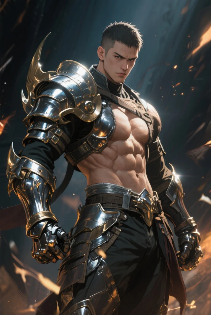 Berserk guts, 1man, short hair, green eyes, (abs), ( black micro thong )(((crotch bulge)))), masterpiece, best quality, (looking at the viewer), muscular, deconstruction of oneself, neon futurism, hyper-realistic surrealism, dreamlike landscape, award-winning masterpiece with incredible details, liminal space, hood, gun, sunglasses, (silver chain), armor, diving mask, arms behind the back,