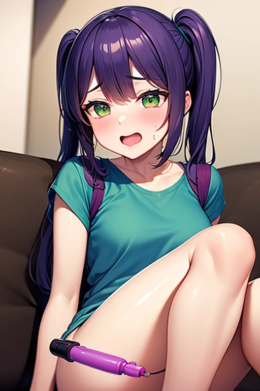 One Girl, , smile, blush, Making a peace sign Close one eye sun, cloud Nipples Chest and crotch are exposed
(masterpiece)(High resolution)(head shot)(From above)(Fisheye Lens) 18-year-old girl with huge gradient eyes. ((Flat Chest)). she has been there for a very long time, Black straight hair with diagonal bangs. straight, long hair bunches. No ears. ((She is wearing a purple baseball T-shirt.)) She is wearing jogging pants, And knee-high socks. She is posing for Dozega on the sofa, Looking up at you, (Very mischievous, A big smile). blush. Exquisite facial details. Shiny skin, The light reflecting off her lips.