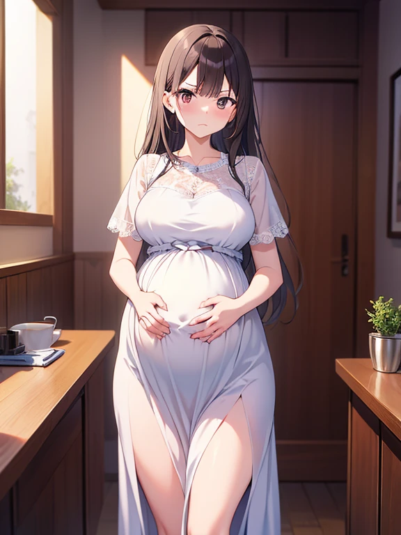 maisakurajima, Mai Sakurajima, Long Hair, bangs, (Black Hair:1.5), hair ornaments, (Purple eyes:1.1), Sleepy eyes,Open your mouth,Tank top shirt,Black string underwear,barefoot,During pregnancy, birth, work, During pregnancyのお腹を抱きしめる,
break indoors, room,
break looking at viewer, whole body,(Cowboy Shot:1.5),
break (masterpiece:1.2), highest quality, High resolution, unity 8k wallpaper, (shape:0.8), (Beautiful details:1.6), Highly detailed face, Perfect lighting, Extremely detailed CG, (Perfect hands, Perfect Anatomy),