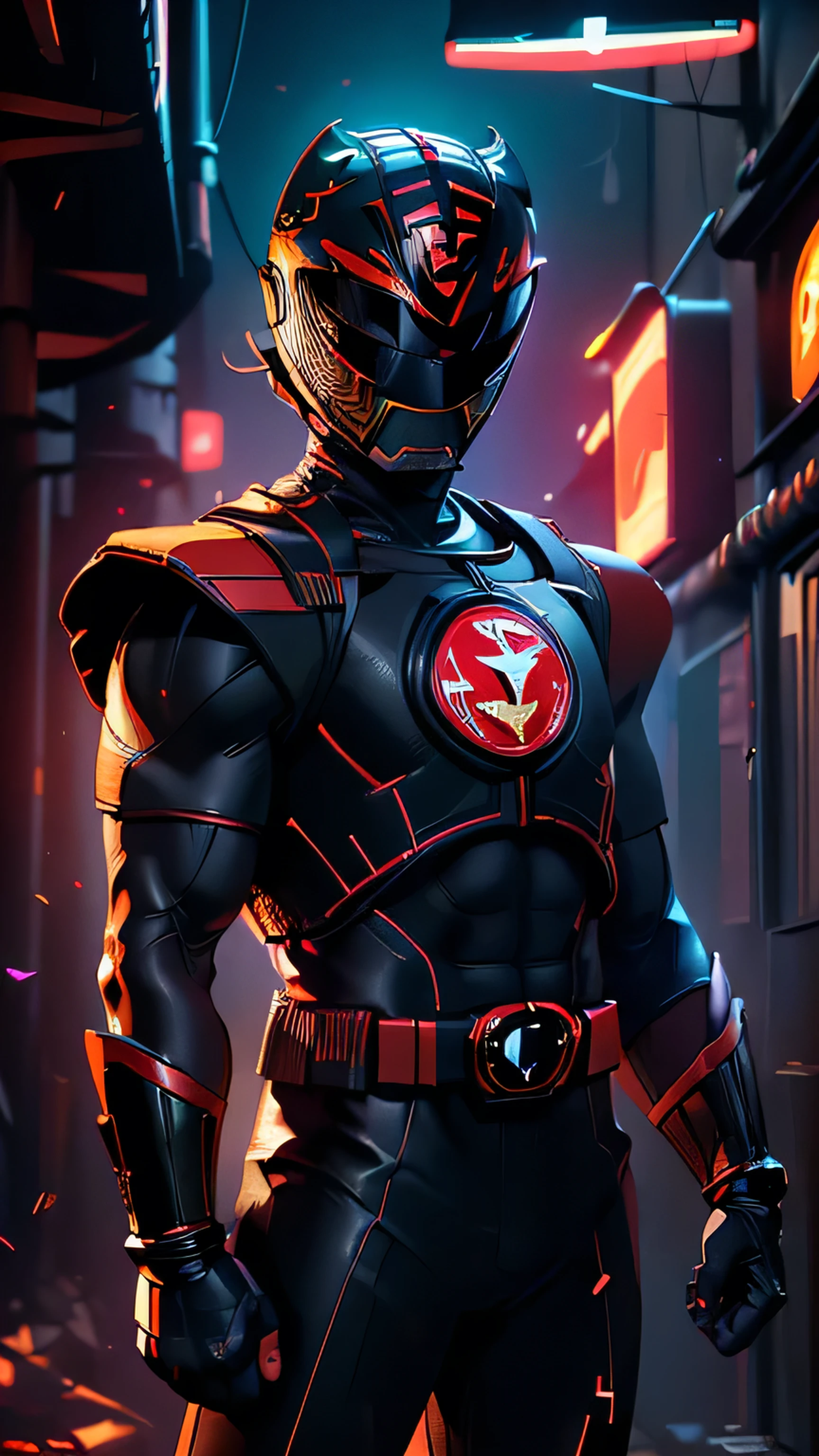 best quality,masterpiece,1boy,solo,((())),japanese boy,an extremely cute and handsome boy,highly detailed handsome face and eyes,petit,cute face,lovely face,baby face,shy smile,show teeth, Blonde hair,short hair,flat chest,skinny,slender,(((wearing Black and red Power Rangers costume, Black and red superhero helmet,black hero mask style))),(((standing in Dark Midnight Neon Glow light Cyberpunk Metropolis city))),he is looking at the viewer,solo, black breastplate, detailed helmet and armor and ninja sword