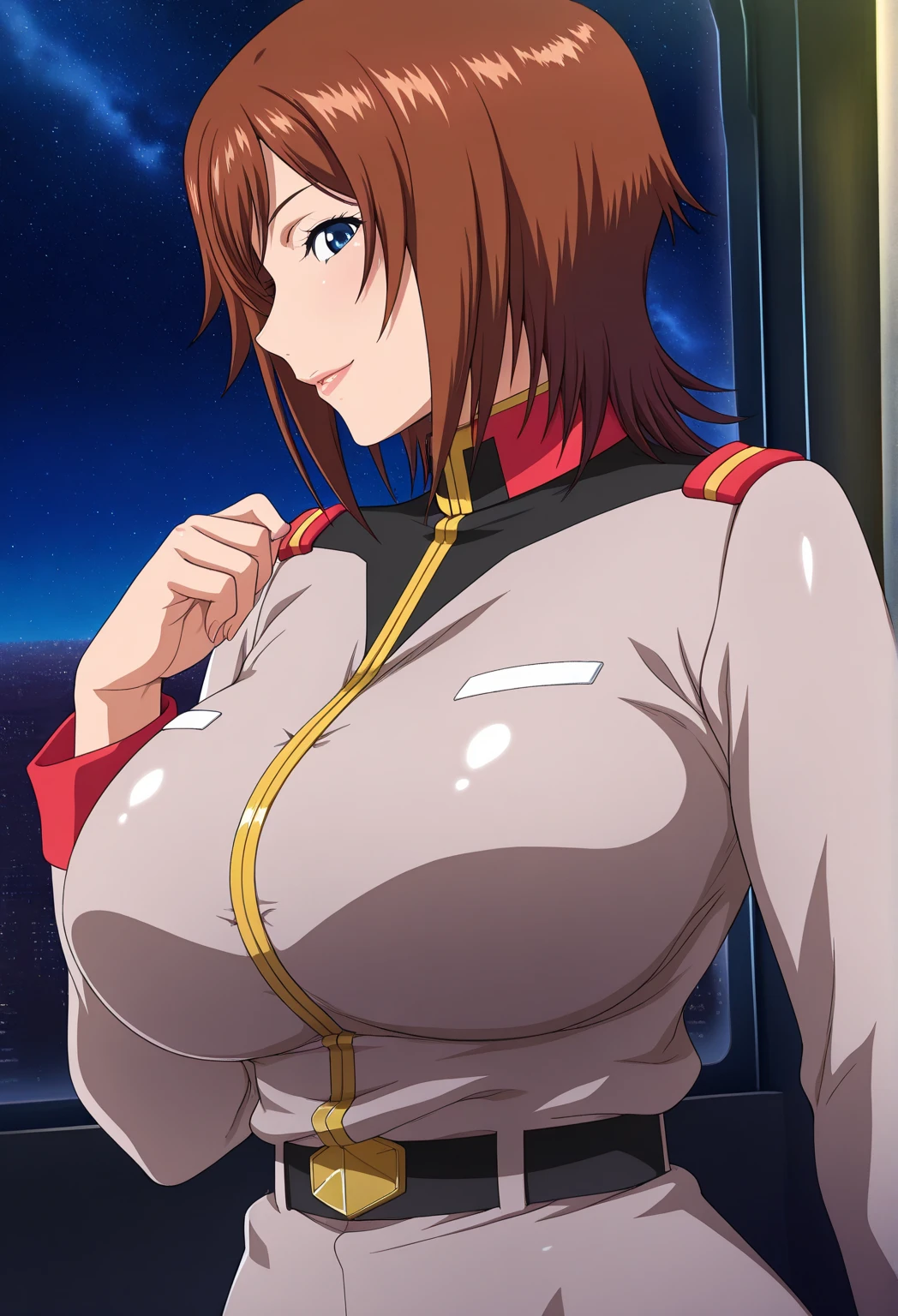 nsfw, best quality a girl illustration, masterpiece, ultra high res, best quality, ultra detailed, high resolution, 4k, 8k, <lora:paizuri:0.6>, (paizuri:1.2), paizuri_keyword, Murrue Ramius, Gundam Seed Destiny, Gundam Seed, embarrassed, shy, smile, happy, kind_smile, brown_hair, long_hair, hetero, cum, cum on breasts, (penis:1.2), red eyes, makeup, lipstick, cum on cleavage, cleavage, military uniform, military, jacket, blue and white uniform, pov, (Night:1.5), hanging breasts, nice hands, perfect hands, <lora:Murrue_Ramius_Destiny-KK77-V1:0.6>, <lyco:GoodHands-beta2:1> , <lora:breastsizeslideroffset:0.6>, <lora:cum_b1:0.6>,