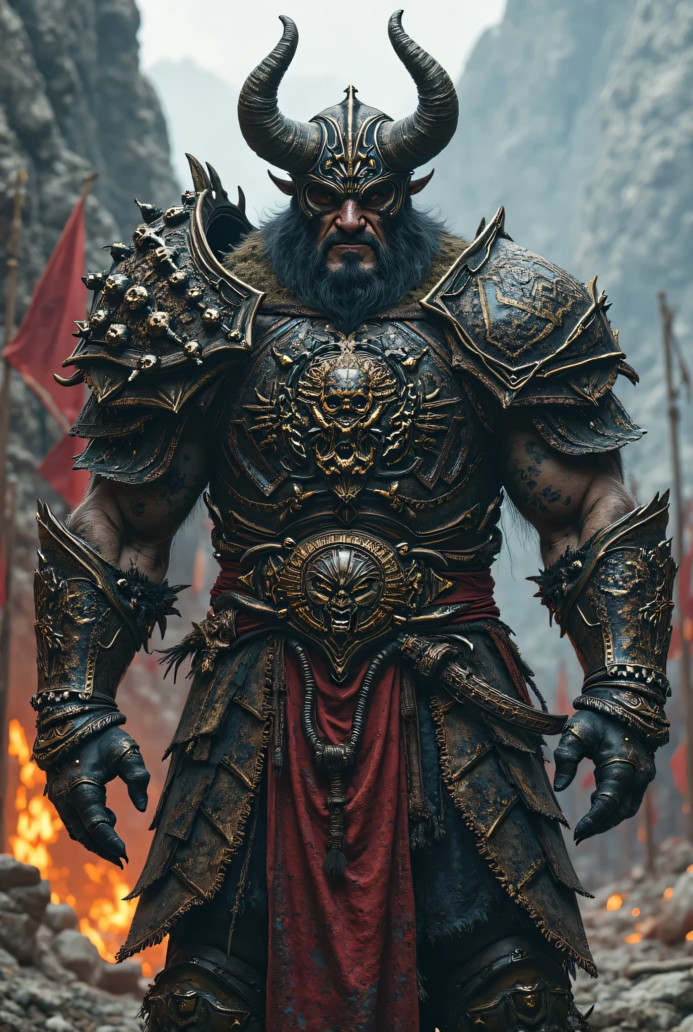 Detailed face, detailed eyes, high quality, master piece, Create an epic fantasy illustration of Black Myth Wu Kong a fierce warrior. Furry, The warrior is crouching on a pedestal, holding a long, ornate staff in one hand. He has a muscular, fur-covered body, with a mane of wild, golden hair and a fierce, determined expression. His face is painted with tribal markings, and he wears a mix of armor and tattered cloth, with a red cape billowing behind him. The background is misty and atmospheric, with clouds and smoke swirling around, giving the scene a mystical, otherworldly feel. The color palette should include dark and muted tones, with striking red accents