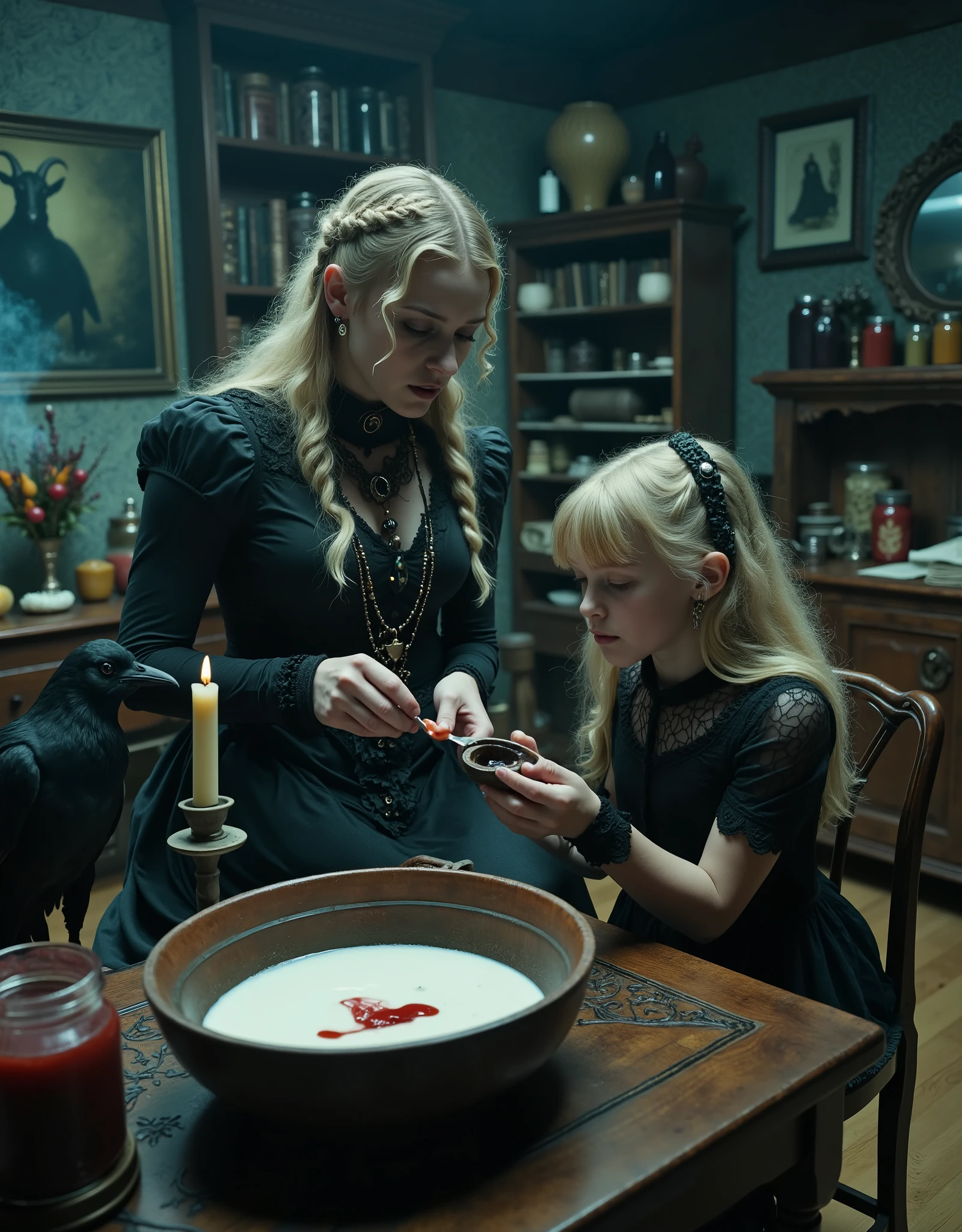 Scene in a Swedish household, A mother is dressed in witch's dress, black clothing, long blonde hair, braids, amulets, charms, a young girl sits at the table with her, in a sheer black bodysuit, hair is blonde, longish, bangs, the mother is feeding the girl thick white yogurt from a decorative wooden bowl, leather-bound books, a crow sits on the table, jars filled with preserves on the shelves, nice traditional house, wooden floors, a framed painting of a black goat, The mood is pervasive and overtly evil, blending mystery, tradition, and a hint of foreboding as the girl’s journey into witchcraft begins, drops of blood and sperm, semen, erotic tension, candles, smoke, occult, dark, erotic dread, sinister, detailed, intricate, dark blue and green backlighting Bava, Frazetta, Steranko, cinematic lighting retro Euro-horror vibe, fumetto horror, crisp edges, lurid vivid colors, Technicolor, masterpiece, HD, 8x, best quality, "anatomically correct human" "realistic proportions" "natural human pose" "full figure, accurate anatomy" "correct fingers and joints"