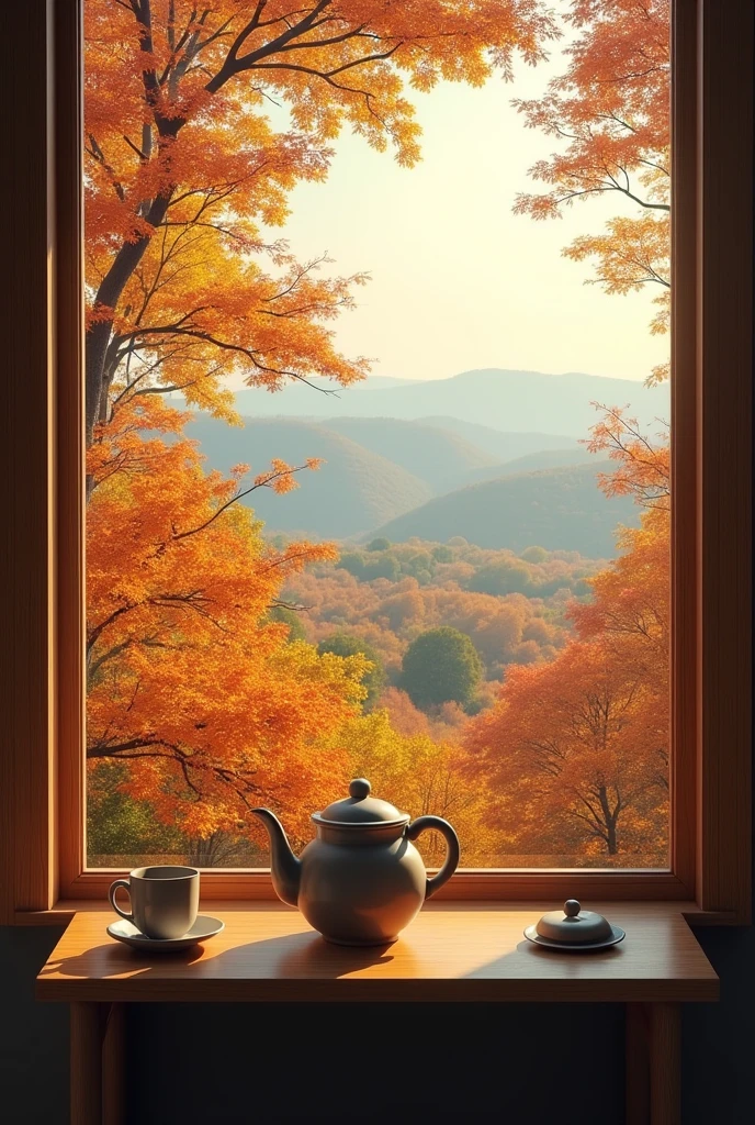 Good morning,1 cup of hot tea,Autumn morning,It was quiet,Beautiful and thought-provoking,Artistic painting,in a panoramic view,Faraway view