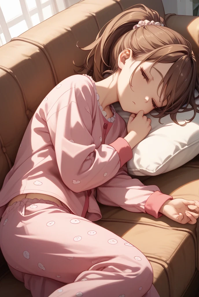 Sleeping woman、Landscape、close your eyes、White Background、Pink pajamas、Bed

