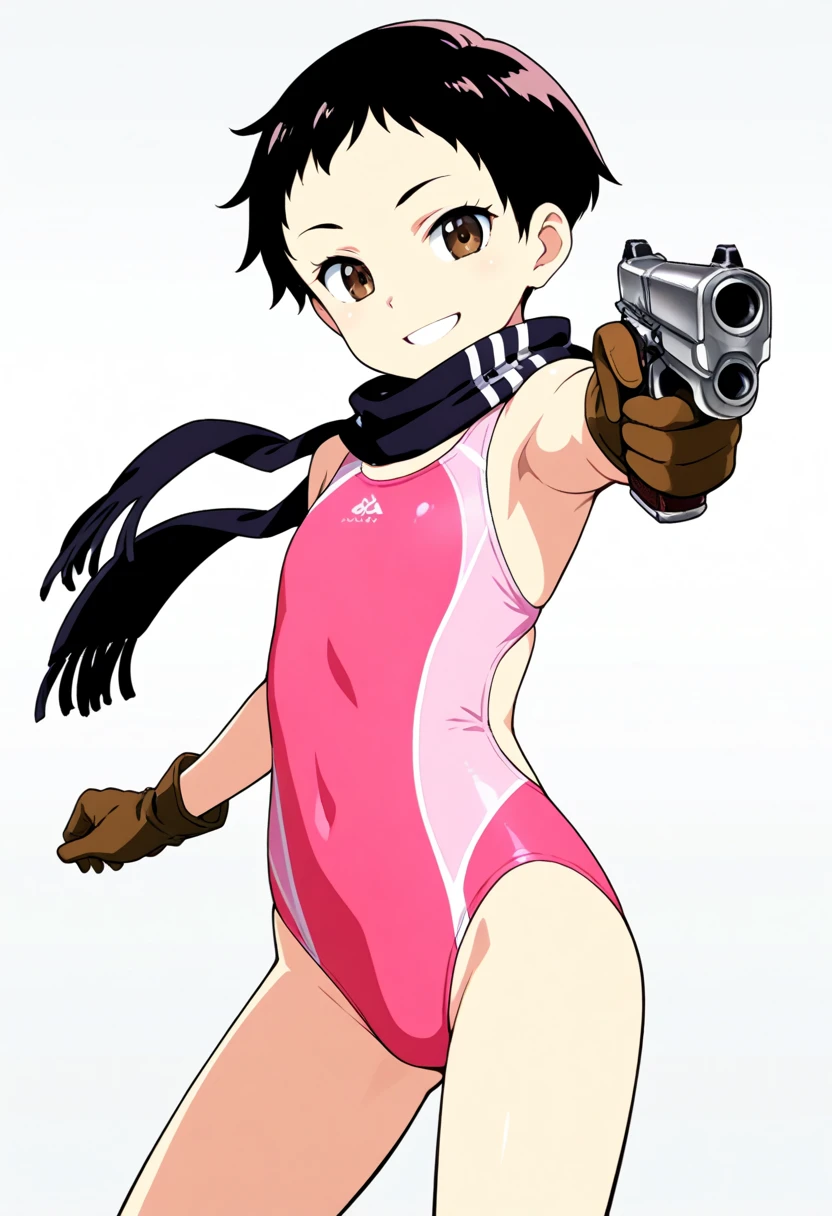 Ten_years_old girl, high cut leotard, freckled skin, body freckles, fighting, angry scream, gun, fullbody, standing,