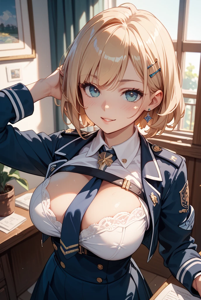 ((((()))))、(((Skin exposed from disheveled uniform)))、((((Extortion of sexual services))))、Nipples protruding from the bra、panties on、((((feel shy))))、((a blond))、beautiful Girl、Large beautiful breasts、cleavage of the breast、A slender、オマンコ、(((((Seduction while being shy)))))、(((s Office)))