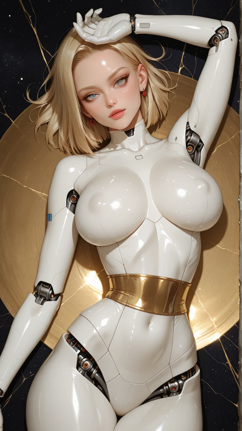 masterpiece, (best quality), (ultra-detailed), (ultra-realistic:1.2), landscape, sci-fi, transistorpunk, cyberpunk sex doll, biopunk sex doll, (sex doll magazine cover:1.4), (gray, white), female robot sex doll, mechanical, dynamic pose, dynamic angle, big breasts, luxury, (gold, silver, blue), neon lights, LED lights, nsfw, (naked exposed genitals)