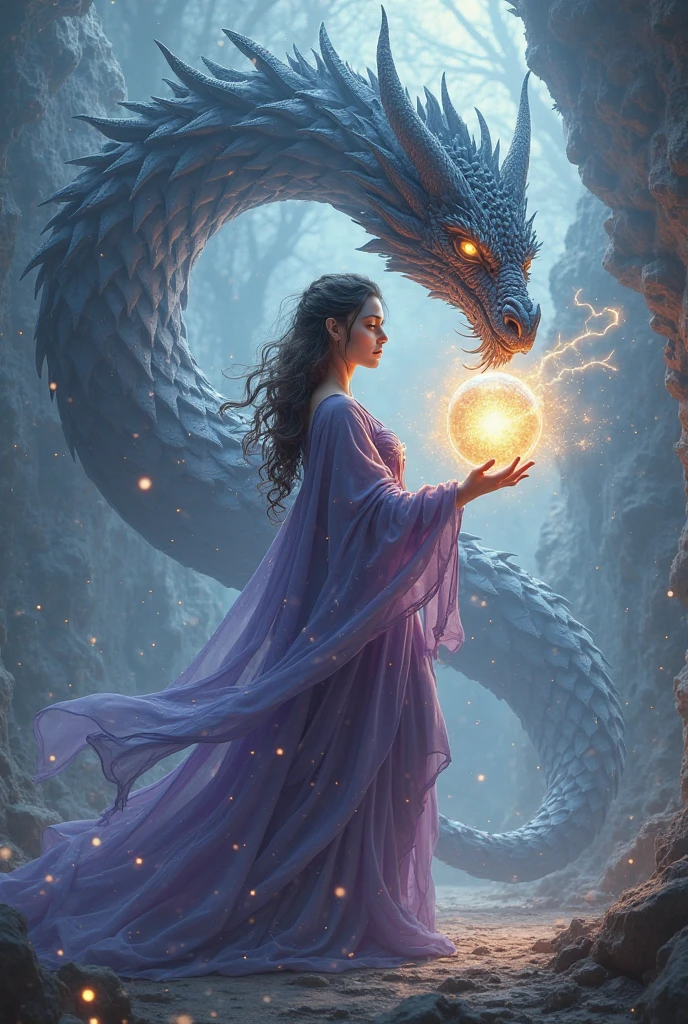 (masterpiece:2.0), (best quality:2.0), (8k ultra hd:2.0), (cinematic lighting:2.0), (Divine Sorceress and Nordic Warrior:2.0), Medium brown skinned woman with strong and delicate facial features, (long wavy black hair:2.0), Bright purple eyes that emit a magical and seductive aura, slim and curvy figure, (voluptuous and perfectly sculpted body:2.0), (big bust, firm and well proportioned:2.0), (pronounced and harmonious hips, accentuated by her elegant and provocative posture:2.0), (smooth and luminous skin), (ethereal and translucent black clothing, floating around your body:2.0), Bare abdomen, (tight clothes, highlighting every curve with overflowing sensuality:2.0), (Deep and elegant neckline:2.0), (long legs, toned and sculpted:2.0), (Magical jewels that shine with the energy of the storm:2.0), (penetrating and seductive look, full of hypnotic power:2.0), (Nordic warrior of passion:2.0), (long blonde braided hair:2.0), Bright blue eyes radiating divine power, athletic but curvy figure, (large, voluminous and perfectly firm bust:2.0), (Harmonious hips and toned legs:2.0), (black and translucent ethereal clothing with gold details:2.0), defined abdomen, (Twilight sky with blue twin moons:2.0), (Luminous forests and crystal-clear rivers:2.0), (Nordic dragon with scales shining like the night sky:2.0), (Magic and cinematic details throughout the stage:2.0), (Magical energy sparkles connecting the characters to the dragon:2.0), (poses of power and connection between the characters, showing a strong alliance:2.0)
