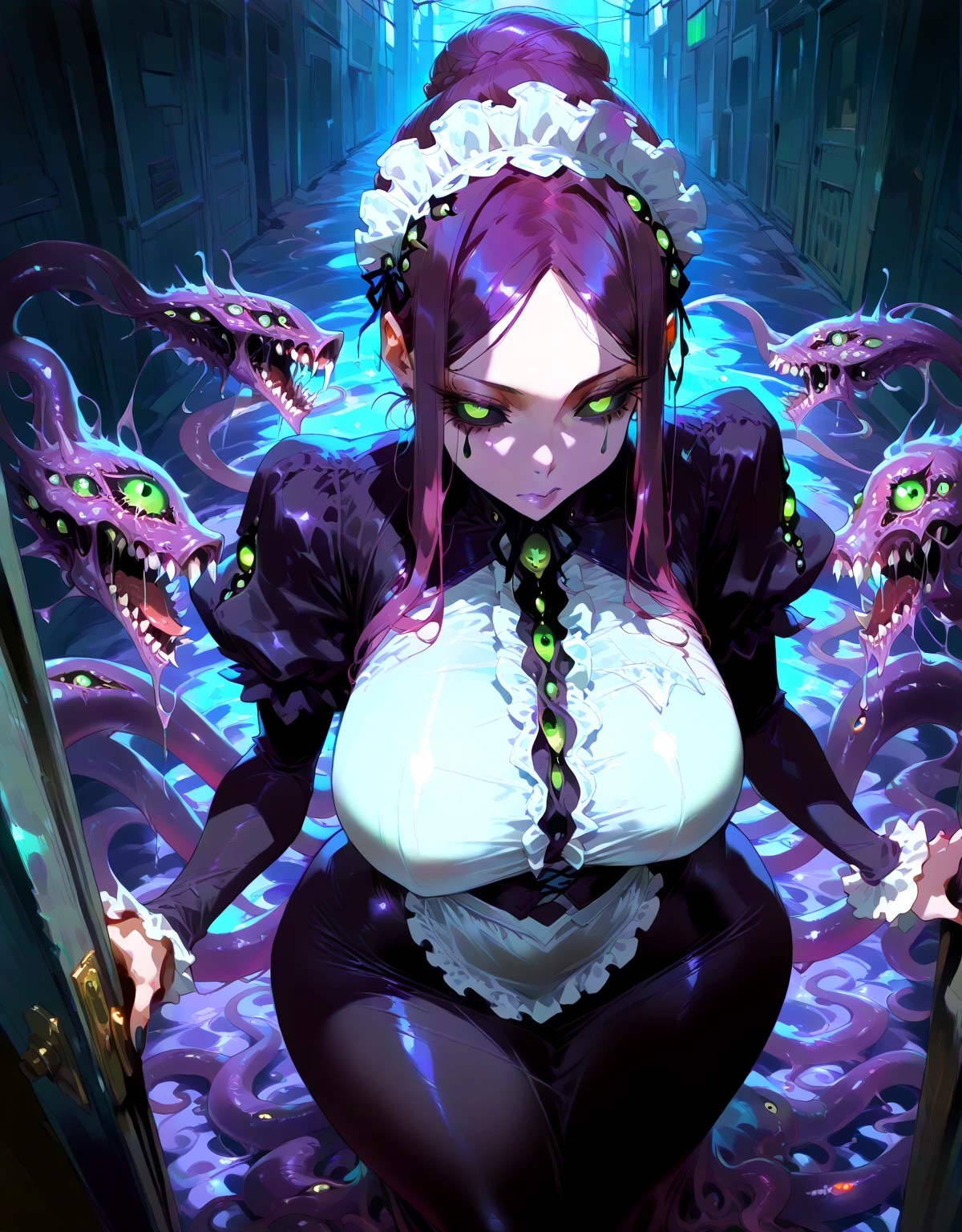 In the tentacle nest belonging to the zombie maid。Wearing a white-haired maid outfit, Big-breasted zombie maid with tentacles，Caught a yellow-haired girl in her twenties，The zombie maid spat tentacles from her mouth to infect the yellow-haired girl。The zombie maid spat out her tentacles，Shove the tentacles into the yellow-haired girl's mouth。The zombie maid has blood on her face。"infect！"The zombie maid hugged the girl and infected her，A tentacle inserted into the girl's mouth from the zombie maid's mouth。{A zombie maid with tentacles}，{Yellow-haired girl}