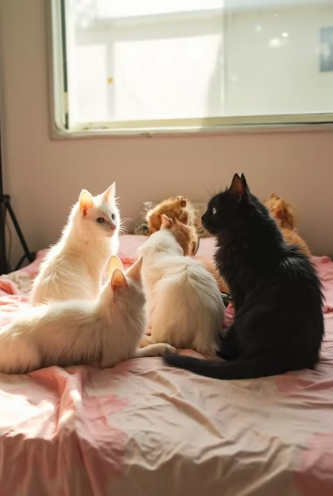 A back view of kittens of various patterns lined up on a bed. A fun and colorful illustration that looks very happy. Colorful images and light, animation, 3D rendering