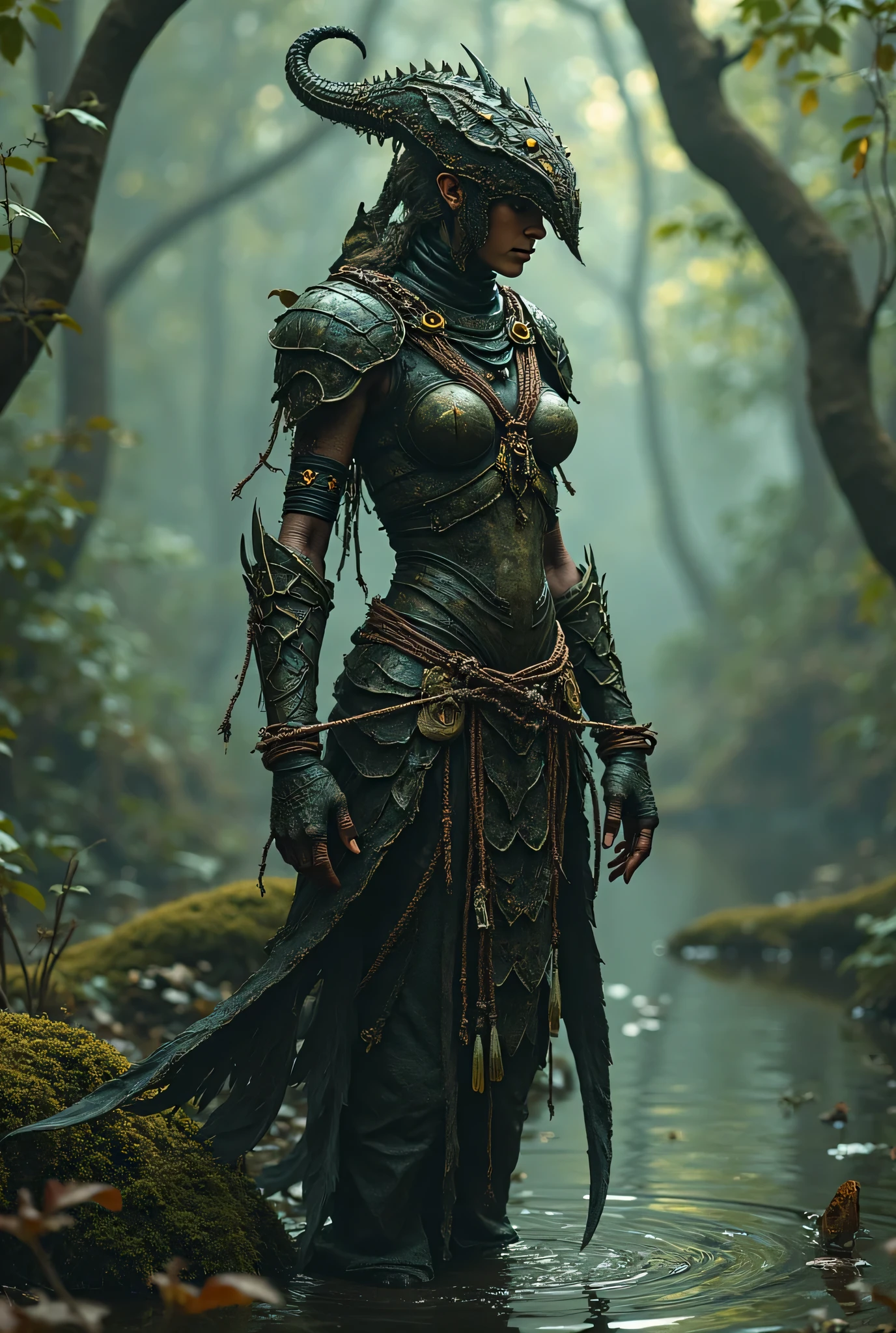 "The Last Anaconda Amazon" Beautiful woman, cold face, no horns, have an anaconda tail behind her butts, scary tail, have a thousand arms, an ancient witch, wear a full-mask cover face, holding sharply weapon and shield, wear an old-fashioned hood, wear a clothes from Arknights, Bloodborne theme, Arknights theme, dark fantasy, scary theme, green forest, monstrous pet, bloody background, supervillain, evil movement, mercilessly squads.