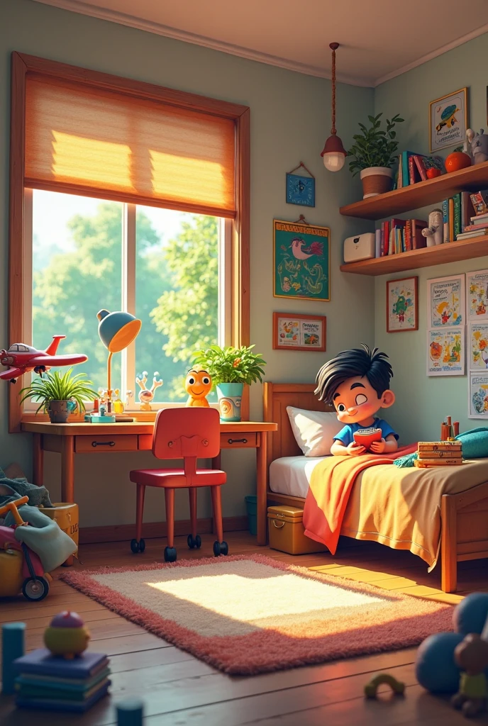Create indian boy good bedroom and bed and add widow and school bag in room