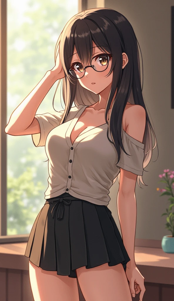 score_7, score_8_up, score_7_up, source_anime, 1girl, solo, looking at viewer, <lora:EPinKagumeSDXL-13:1.0>, EPinKagome, black hair, brown eyes, long hair, detailed background, crop top, miniskirt, under-rim eyewear, cowboy shot, indoors, [living room|kitchen|bed room|classroom|bath room| train interior| car interior|bus interior|bus stop|train station|changing room| stairwell]