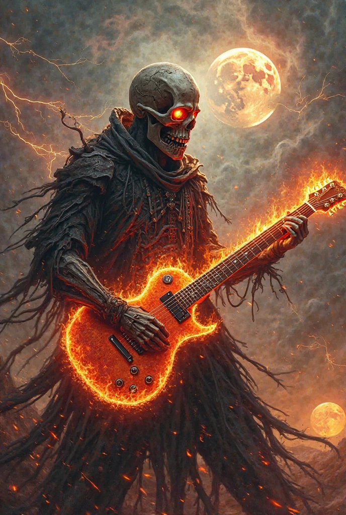 create the image of a zombie playing a les paul guitar on fire as the world ends, the dark sky causing a climate of catastrophe while blue rays fall causing destruction