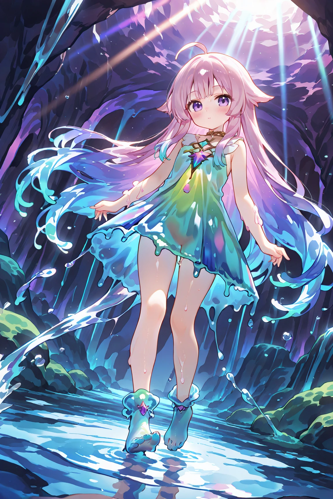 nsfw,sexy,slime girl, petite,purple eyes,slightly like but mature expression, long flowing hair with dark blue and teal gradient highlights, subtle colorful glow, translucent and glossy skin, soft slime texture on arms and legs, fluid dress blending into the slime, deep blue and indigo tones,radiant lighting,masterpiece, best quality,fantasy, dark tones, glow,semi-liquid legs, partially melted slime feet, transparent lower limbs, flowing slime texture around legs, humanoid shape preserved,blush,steam:1.5, shiny translucent ankles,reflected glow on legs, hair flaps,ahoge,dynamic angle,mystical cave, glowing crystals, bioluminescent moss, reflective underground lake, soft light shafts from cave ceiling, ethereal mist, magical cave ambience, dreamy atmosphere, fantasy cave setting,vibrant multicolored gemstones, rainbow-toned crystals, sparkling magical ores in blue, pink, green, and violet hues, iridescent cave stones, slime-like reflective surface, semi-liquid slime puddle, viscous glowing fluid at feet, gooey ripples, transparent gel-like ground,at night:1.3,looking at viewer