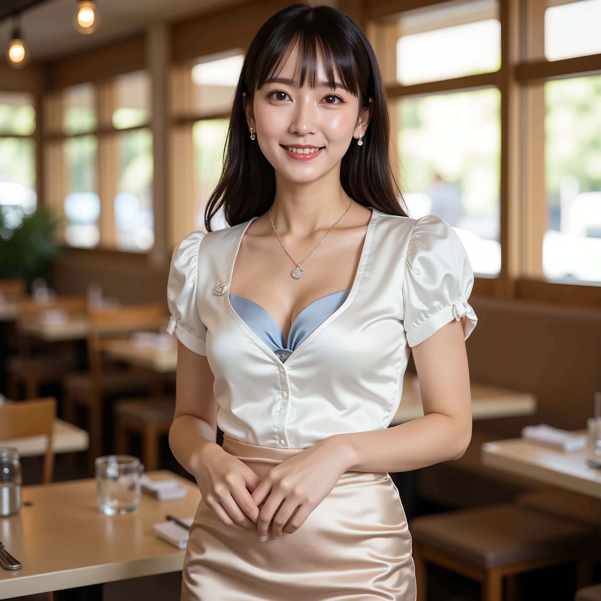 realistic full body portrait of a young Japanese top idol brunette waitress, long hair, necklace, smile.  She stood wearing a shiny white satin short sleeve shirt, deep v-neck, light gold pencil miniskirt, Open collar button, (I can see a glimpse of her blue bra on her chest:1.2), restaurant, Fascinating photo shoot, Ultra Clear Focus, Completed,  perfect brown eyes , perfect hand in h, each has 5 fingers, bright cinema lighting ,cameras in a holiday park, ( eye makeup:1.1), (Highly Detailed Skin:1.1), sharp concentration in nude clothes, 8K Ultra HD, dslr, Good Quality, Fujifilm XT3, award-winning, masterpiece, restaurantは誰もいない, Adorable Moments , Portraitfoto, Beautiful tableware on the table 