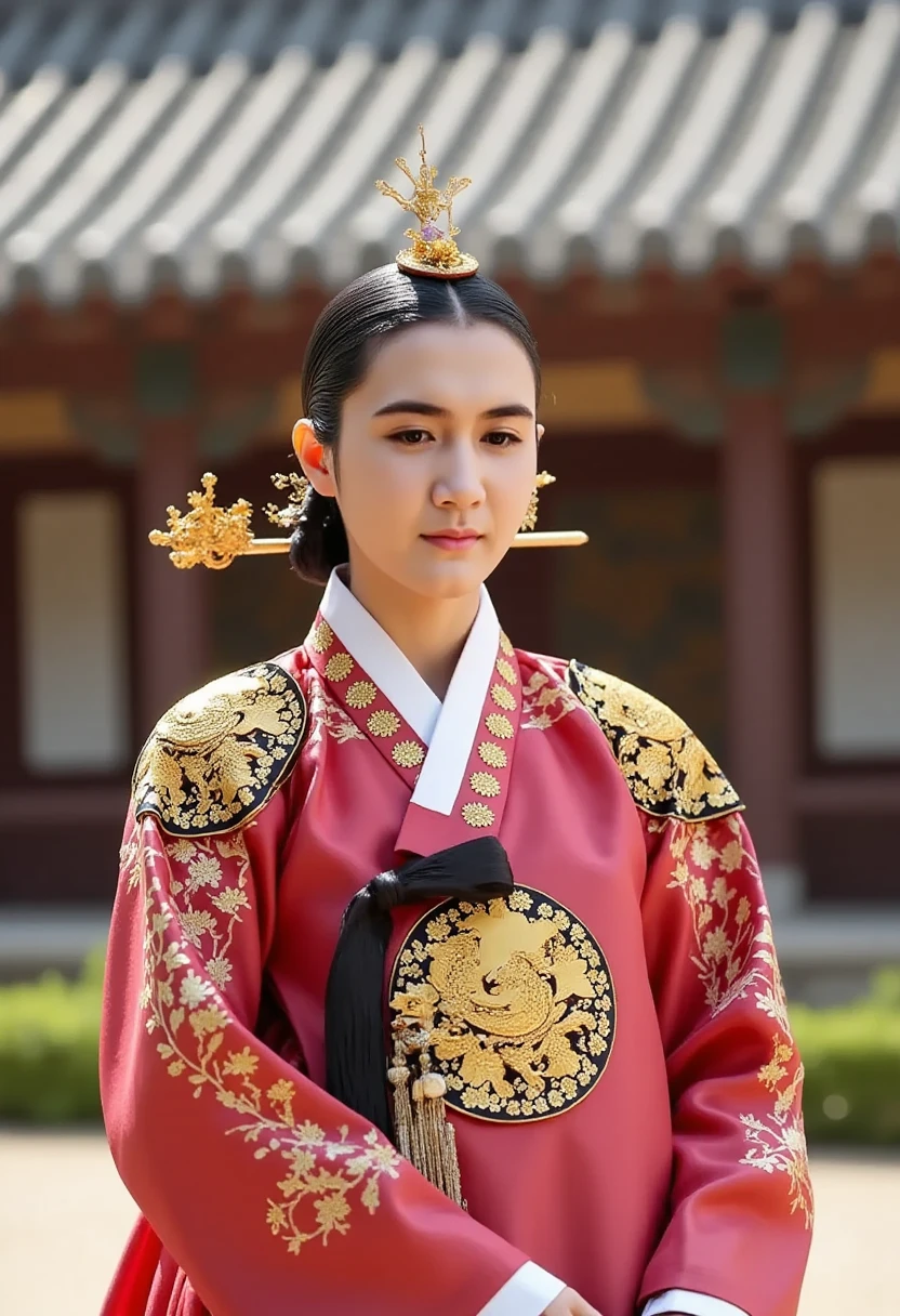 [CHARACTER: Tang Dynasty Imperial Noblewoman]  
Appearance: A breathtakingly beautiful Chinese woman with luminous porcelain skin, elegant oval face, soft round eyes, and an aura of authority mixed with sensuality.  
Outfit: Wearing an **extravagant Tang Dynasty hanfu**, with layers of **rich silk robes** in hues of deep red, gold, or royal purple, adorned with **phoenix and peony embroidery**, golden trims, and flowing wide sleeves. Her outer robe drapes gracefully, revealing inner layers with intricate brocade.  
Hair: Styled in a **tall, elaborate Tang court updo**, decorated with **gold phoenix pins**, **jeweled crowns**, **floral hair ornaments**, and **dangling pearl strings**.  
Expression: Regal and composed, with a soft, knowing smile or a serene, powerful gaze — full of imperial charm and timeless grace.  

[SCENE]  
Location: Standing or seated in a **Tang Dynasty palace hall**, or on a marble terrace with carved dragons, red pillars, and hanging silk drapes. Optionally near **an imperial lotus garden** or **silk-curtained balcony** overlooking the court.  
Lighting: Warm golden indoor lighting, with beams of sunlight from tall windows or lanterns casting soft highlights on silk textures and jewelry.  
Mood: Grand, majestic, and intimate — capturing the elegance and dominance of a woman born to rule.  

[CAMERA]  
Full-body or mid-length portrait, capturing the flow of the robes, the headdress, and facial expression. Side angle or slight tilt for cinematic drama.  

[STYLE]  
Ultra-realistic 8K, cinematic lighting, dramatic shadows, soft focus on background to enhance regal presence.  
Avoid cartoonish tone — use royal color palette, authentic textures, and Tang Dynasty aesthetics.
