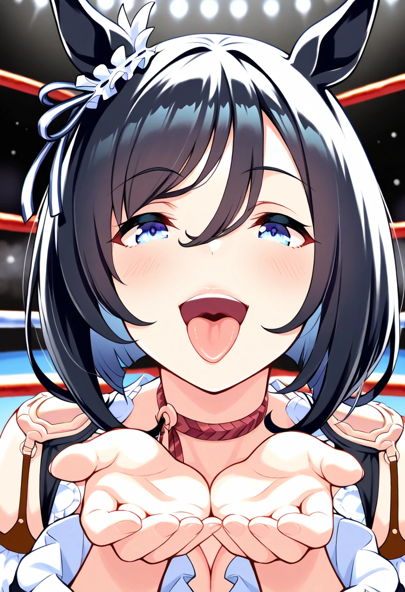 score_9, score_8_up, score_7_up, source_anime,rating_explicit, 1girl, cute female, solo, idol concert,upper body, kneeling,paizuri, Titjob,(fellatio,deepthroat:1.2),(arms on the chest:1.2),breast press,pinch a breast between both elbows, stage, colorful, sgswfmk, long hair, brown hair, black hair, bangs, hair between eyes, blue eyes,highly detailed face, (gigantic breasts:1.2), white hairband, hair ornament, dress,(cleavage:1.1),,corset, bubble skirt, thighhighs, boots, smile,sweatdrop,lipstick, highly detailed eyes, eyelashes, eyeliner, jewelry, necklace, bracelet, earrings,