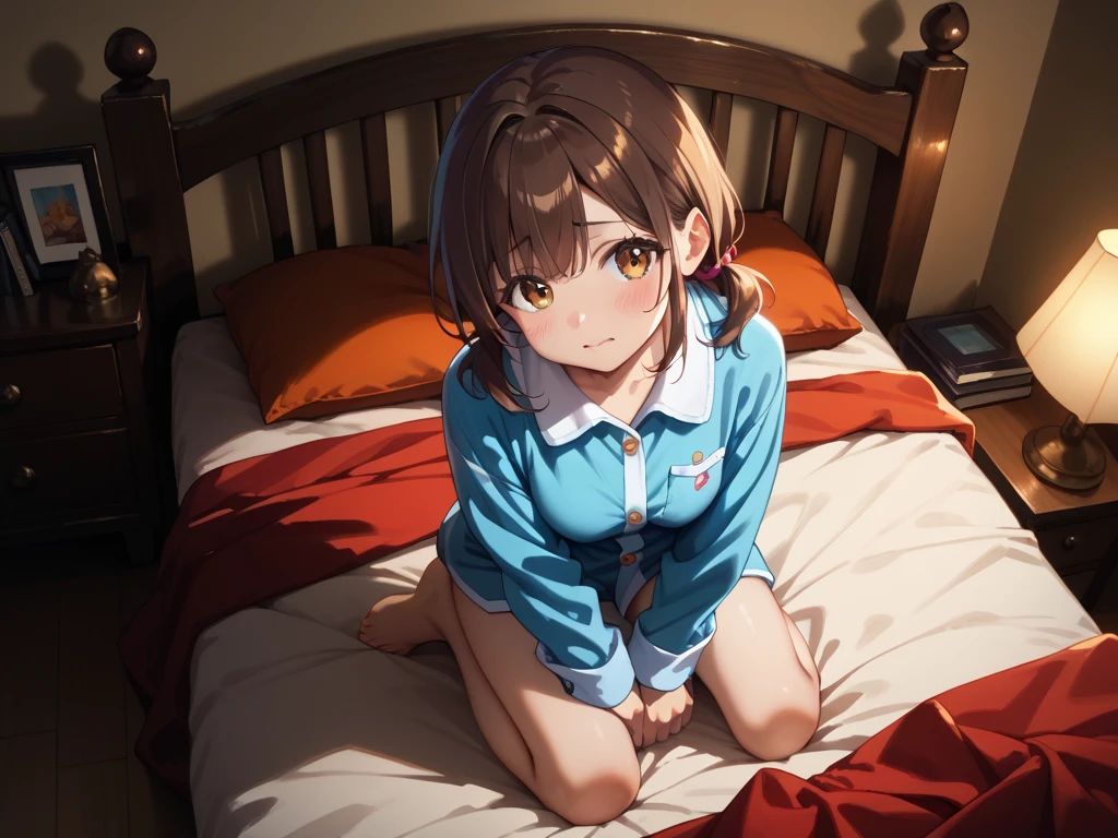 Topless girl in red and white striped panties and white thigh high, solo, brown short hair, brown eyes, topless, in dark room with neon lighting and smallbed