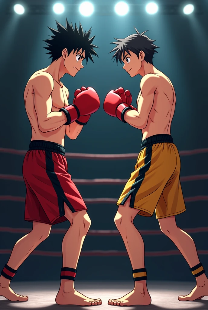 masterpiece, best quality, source anime, official art, 8k, ultra-detailed,very aesthetic, absurdres, perfect anatomy, perfect face, cinematic lighting, very wide shot,multiple boys,2boys,head gear,boxing,ring,stadium,grove,hand