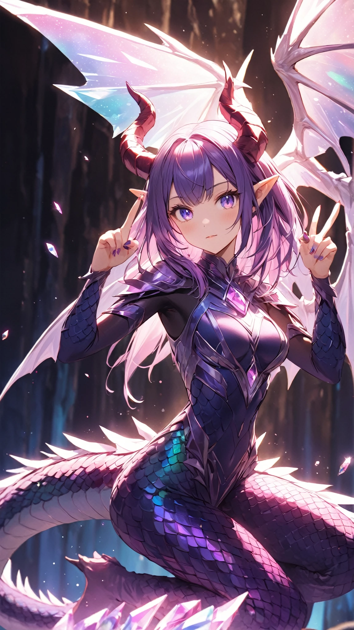 Beautiful girl in black dress。Female Solo。Dragon head on either side of the girl。Crystals like eyes on the chest。thorn々Shishi Armor。falda corta。Purple Shorthair。eyes glowing red。Bigger eyes。The mouth is lined with fangs。Laugh。Two dark dragons stretch their necks from behind。Dragon neck connected to girl's shoulder。Two Dragons。