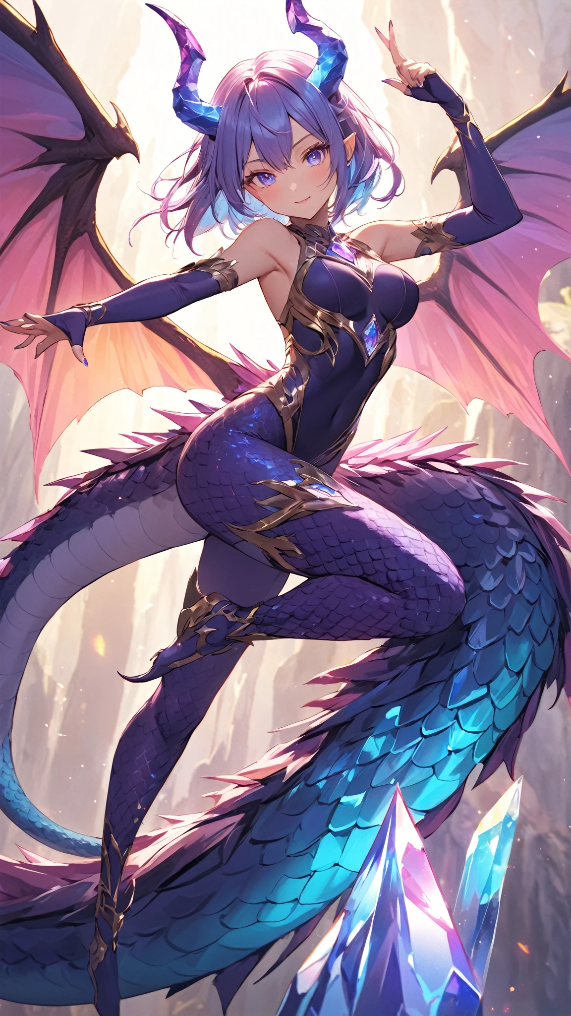 Blue Western dragon,blue hair,Blue eyes,White dress,Purple flowers,Bigchest,Big ass,Dragon wings,Dragon's horn,Beauthful