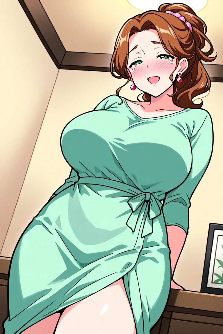 Misae Nohara, (Mother:1.3), (absurderes, 8K, 4K, masutepiece, hyper extreme detailed:1.2), Best Quality, Perfect Anatomy, Perfect face, Look forward, High humidity, (Sweaty:1.3), (Huge breasts:1.5), (Thin and transparent yukata:1.2), (Bedroom:1.3), (Brown eyes:1.2), Naughty look, smile, Firm and pointy huge breasts, Standing with chest out, See-through clothing, Showing your chest, nude, nsfw, Black garter belt, (Thick armpit hair:1.1), choker, necklace, Earrings