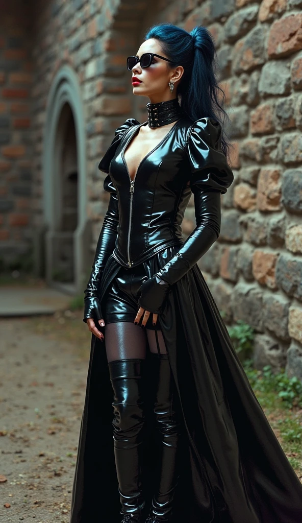 sexy stylish female model, only 1 female, ((doll-like appearance)), long dramatic stylish hair, ((shiny Punk-Style boots)), (big smile), ultra detailed eyes, Punk makeup, lipgloss, ((sexy Punk Lolita cosplay)), black leather gloves, unconventional skirt, petticoats, high neckline, ((ultra detailed lace)), ((ultra detailed embroidery)), intricate details, tartan patterns, safety pins, Punk Lolita accessoires, Punk Lolita choker, ((large sparkling Punk Lolita jewelry)), cinematic light, detailed large park background with trees