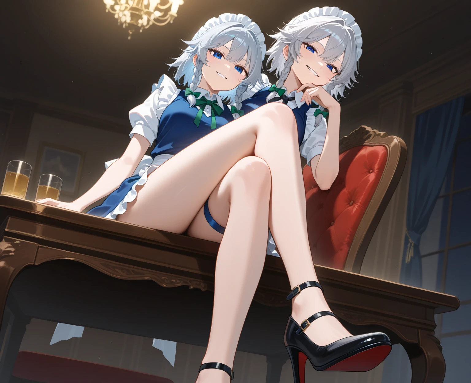 (best quality), (very aesthetic), (ultra-detailed), (best (best quality), (very aesthetic), (ultra-detailed), (best illustration),(((one women))),(((izayoi sakuya))),(touhou), red eyes, maid, medium hair, twin braids, grey hair, maid headdress, blue dress, puffy short sleeves, maid apron, waist apron, white apron, green bow, hair bow, waist bow, white bow, ,(large breasts),(((full body))),(((arms behind head))),(((spread legs))),(((white background))),(((Diagonal angle)))