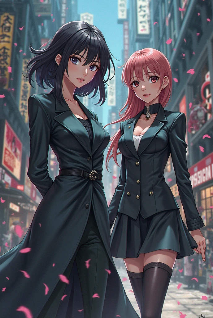 (2heads:1.3), (1boy:1.2), solo, red eyes, black hair, pink hair, braid, long hair, (handsome:1.5), (masculine:1.5), (masterpiece), (high quality), (best resolution), :D, looking at viewer, night, city, beautiful background, (holding a gun:1.1), hand on hip, (black trench coat), wide hips, thick thighs, (masculine chest)
