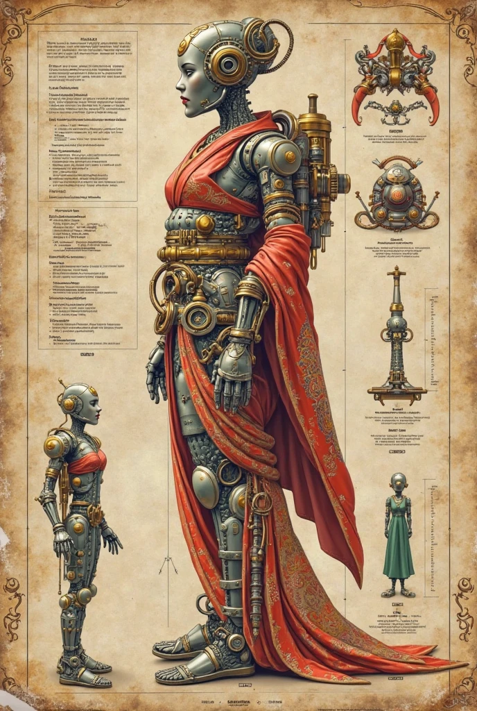(full body young woman, wide hips, narrow waist, sundress, , very high platform heels, stiletto high heels):.8,  BREAK ( ON PARCHMENT,ink on parchment, Character Design Sheet,a Celestial judging robot drawn on parchment,robotic hat,robe,detailed text annotation,detailed description of each part of the character, Celestial judge robot  ):3