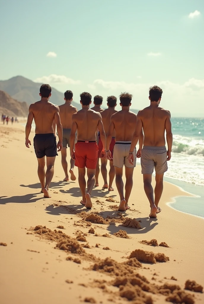 1 shirtless male beach wrestler crying walking away after losing match. his dad holding his upper arm helping him walk. crowd watching