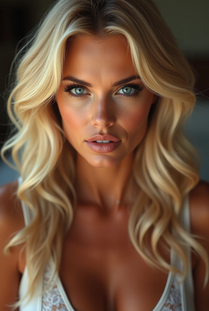 ultra realistic, photography, long blonde hair, (wavy elegant hair, blue eyes, perfect round lips, 30 years old, gorgeous face, voluptuous figure, perfect fit body, big enhanced breasts), femme fatale, Long eye lashes, Award Winning Glamour Photograph extremely detailed award winning glamour photograph, front lit, HDR, detailed woman face looking at the camera, photorealistic, sharpened eyes, (((eyes to the camera))), glossy pink lipstick, leaning forward and blowing, she has closed eyes, she presses her lips together