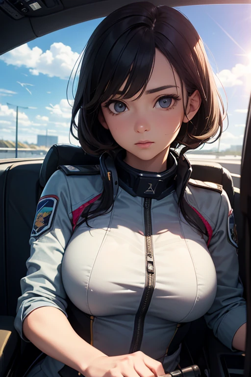 1girl in,A girl in a sexy pilot suit sits in the cockpit。,very beautif,ssmile,straight short hair black hair,Slender but big breasts,cleavage of the breast,tre anatomically correct,Precise fingers,anime pilot suit,Robot cockpit,photorealisim,masterpiece.