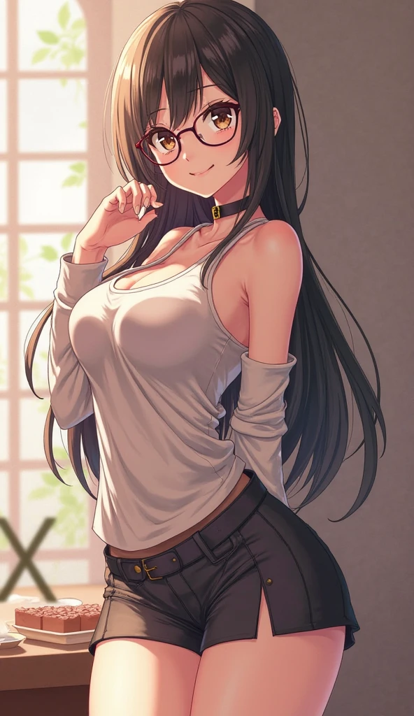 Illustration of a beautiful junior high school girl with long, straight black hair and glasses putting on a bra for the first time, composed from the back of the model, trying to fasten the hook of the bra with her hands behind her back, the color of the bra is white blue.