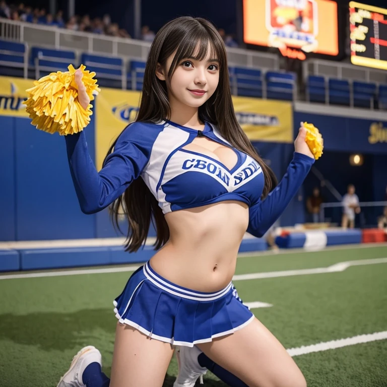 ((Highest quality、8k、Like the picture:1.4、masterpiece))、Backlight、Woman with highly detailed facial texture、 Big Breasts, Accentuate your cleavage, Cute Japanese Woman、18-year-old、(((Cheerleader:1.2)))、((Stadium Background:1.2))、Raise your arms、((Camera angle from below:1.3))、Ultra-detailed skin、Beautiful Makeup、Detailed eyes、((Big smile:1.3))、Open your mouth、(Big and round breasts)Shiny brown messy short hairstyle、Sculptural installation、((Raise both legs:1.3))、((Spread your legs:1.3)), ((Spreading pussy:1.2)),