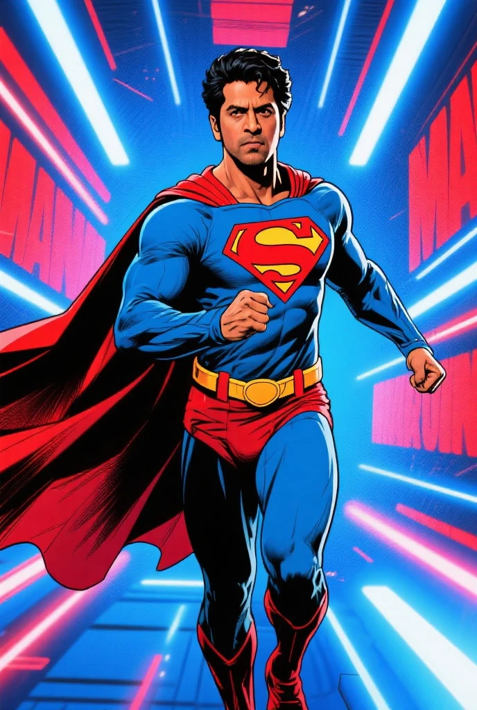 Comic of Superman, graphic illustration, comic art, graphic novel art, vibrant, highly detailed, comic book art style, comics, dynamic lines, vibrant colors, expressive characters, action-packed composition, adds energy and excitement, comic book art style, comics, dynamic lines, vibrant colors, expressive characters, action-packed composition, adds energy and excitement, Logo design style, custom and memorable logo, professional-grade execution, captures brand identity and values, timeless and iconic design