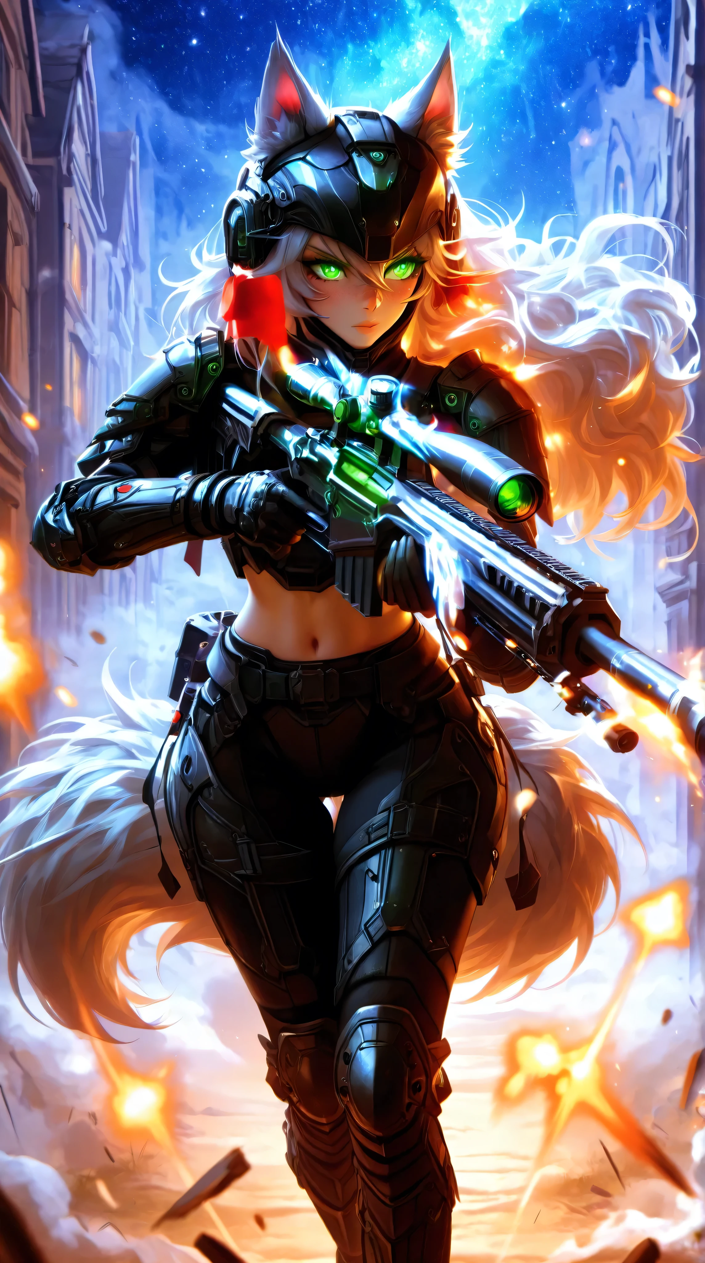 Masterpiece, best quality, amazing quality, absurdres, very aesthetic, lazypos, 3D, 1 woman, (woman , tall, slim, medium-big chest, large hip, silver long hair, fluffy hair, wolf ears, fluffy ears, wolf eyes, fluffy tail, clear skin), smooth natural moonlight with soft shadows , night , outside , backdrop of a no man land with explosion and bullet flying, stary sky with moon , adventurous , fantasy-themed atmosphere , detailed background , fog , (woman, confident, (many freckles on nose line, hip, thigh, ass cheek and chest:1.48), slightly flustered, (glowing eyes, glowing hair tip, green eyes, wolf eyes, feral eyes, detailed eyes, detailed face), (thigh gap:1.27), (detailed chest), wearing a futuristic fantasy style military tactical military suite with bulletproof armor showing midriff, (chest armor, hip armor, knee armor, waist armor, helmet with hole for ears, big military boots, holding a sniper rifle, sniper rifle, detailed), (running around the battlefield, firing at enemy), front view