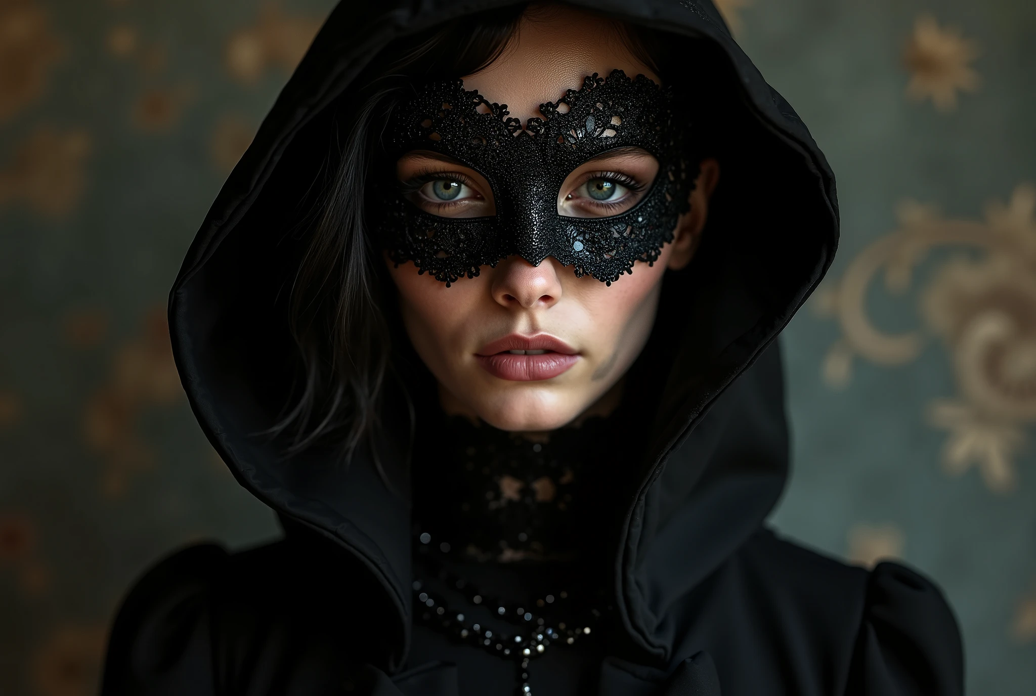 a beautiful provocative goth woman, ripped thick crochet dress, long hair, balaclava mask, hides face, boudoir style