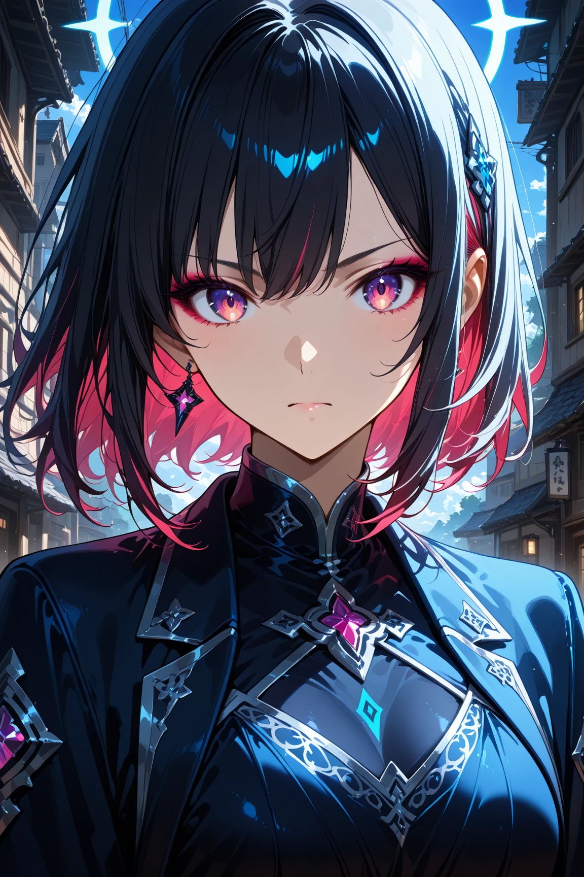 8k, best quality, ultra high res, cyberpunk style, sci-fi, anime vampire boy,red white Black mixed hair, half red half purple eye color both eyes, wearing round glasses, silver cross necklace, black rings, fangs, smile, wearing a big cybercoatwith different lighting in it , long big cybernetic scythe, outside nightclub on Japanese street, cybergothic