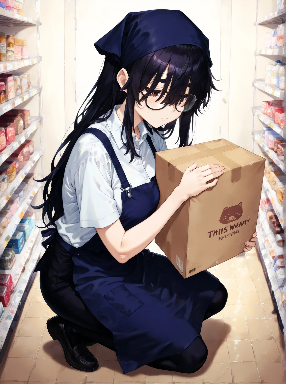 A girl with long black hair stands in an interior space, She is wearing a Short sleeve dress shirt beneath a navy blue apron-style dress. The apron has two prominent buttons on the straps near the shoulders. wearing navy blue head scarf kerchief, wearing black pantsuit,half closed eyes, Brown eyes, Eyebrows, Eyelashes, closed mouth, orgasm, afterglow, troubled eyebrows, confused, anime girl with glasses, anime moe artstyle, with glasses, with glasses on, spectacled, !!wearing glasses!!, oversize clothes, Carrying a cardboard boxes with both hands, at the supermarket, Tired Hair, messy hair, from the side, large breasts, hair over eyes, full body, lighting is bright, casting gentle highlights on her hair, enhancing its glossy texture, soft color with a subtle dotted pattern, creating a cozy atmosphere. square floor tiles. This setting suggests a casual and homely environment, exuding a sense of calmness and simplicity. The overall color palette comprises cool tones, contributing to the serene mood of the image.