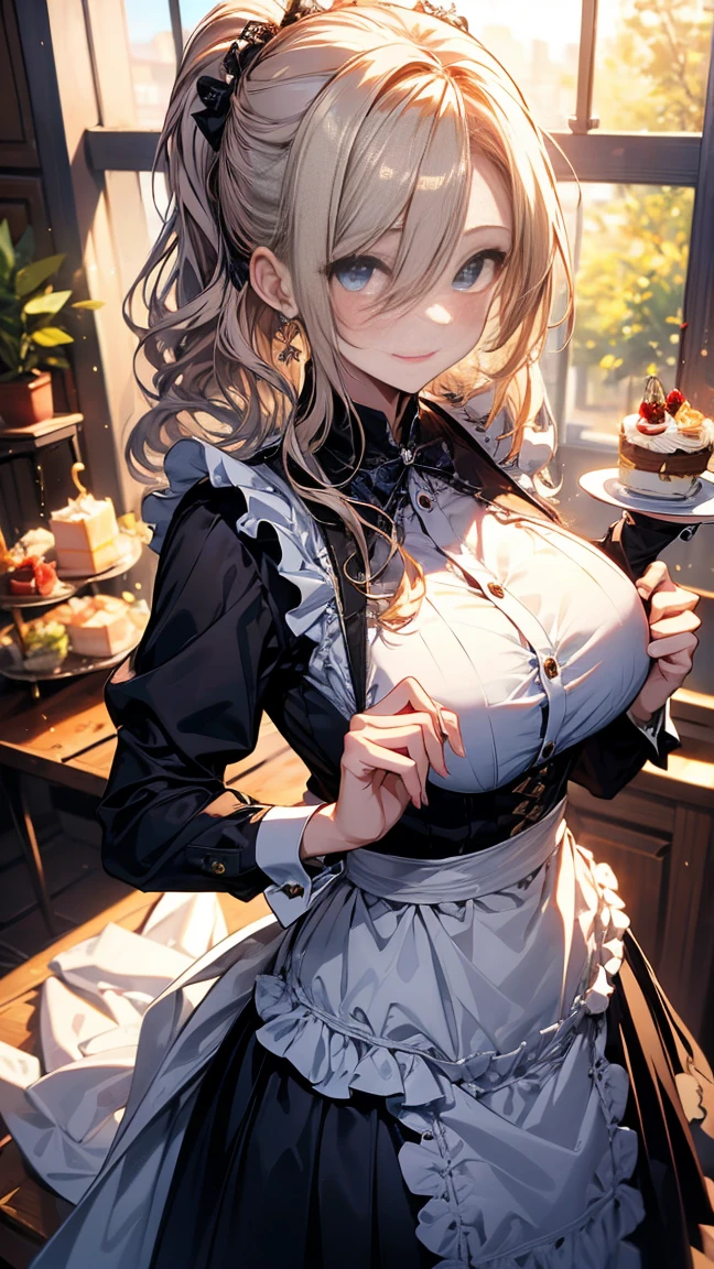 (best quality, masterpiece), (ultra high resolution, 8K RAW photo, photo realistics:1.5, textile shading, thin outline, clear focus:1.2), Beautuful Matured woman preparing tea_party in the garden, standing by the round table, (meisen's tea set, tea pot, tea cups, some cakes on dish), delicate and classy Baroque style white table with gold accents and royal_blue, wearing light_brown maid uniform, breast cleavage, maid costume:1.2, long flare skirts, apron, bow ties on the chest, long tall sally, long legs, white hair, (wearing thin-flame glasses:1.2), (milf:1.5, 28 years old, solo), (large breast, sagging breast, big tits, narrow waist), (medium short white hair, hair over one eye, (updo hair:1.2), side lock, asymmetric hair, wavy hair), (bright pupils, fine detailed eyes with highlight, high detailed face, Perfect face shape, eye rush), (seductitve smiling, half-closing eyes:1.2), (looking at viewers:1.3), (dutch angle, full body, from below:1.2), ((correct anatomy:1.5, correct hands)), (ideal ratio of body proportions), (outdoor:1.2, grass field), 