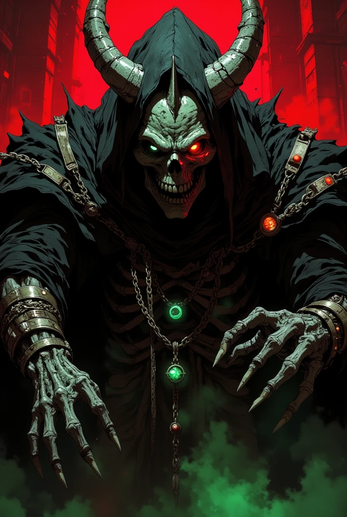 (8k unit wallpaper CG extremely detailed, masterpiece, best quality, ultra-detailed), (((solo)))), a shadowy being holding a powerful shiny amulet, skull-faced, bright contour details on the amulet, wearing a broken black crown, (in the evil lair) (upper body), (dynamic angle, dark eyes deep), (in a dungeon), cinematic light, edge lighting, best shade