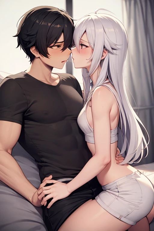 masterpiece, high quality, High resolution, super detailed, perfect anatomy, handsome boy, beautiful eyes, fine eyes, beautiful girl,((((1 boy and 1 girl)))), 28 years old, ((couple)), duo, hetero, NSFW, silver hair, a boy hugs a girl, pussy juice, spread legs, (((flat chest, small breast, flat breast))), pubic hair