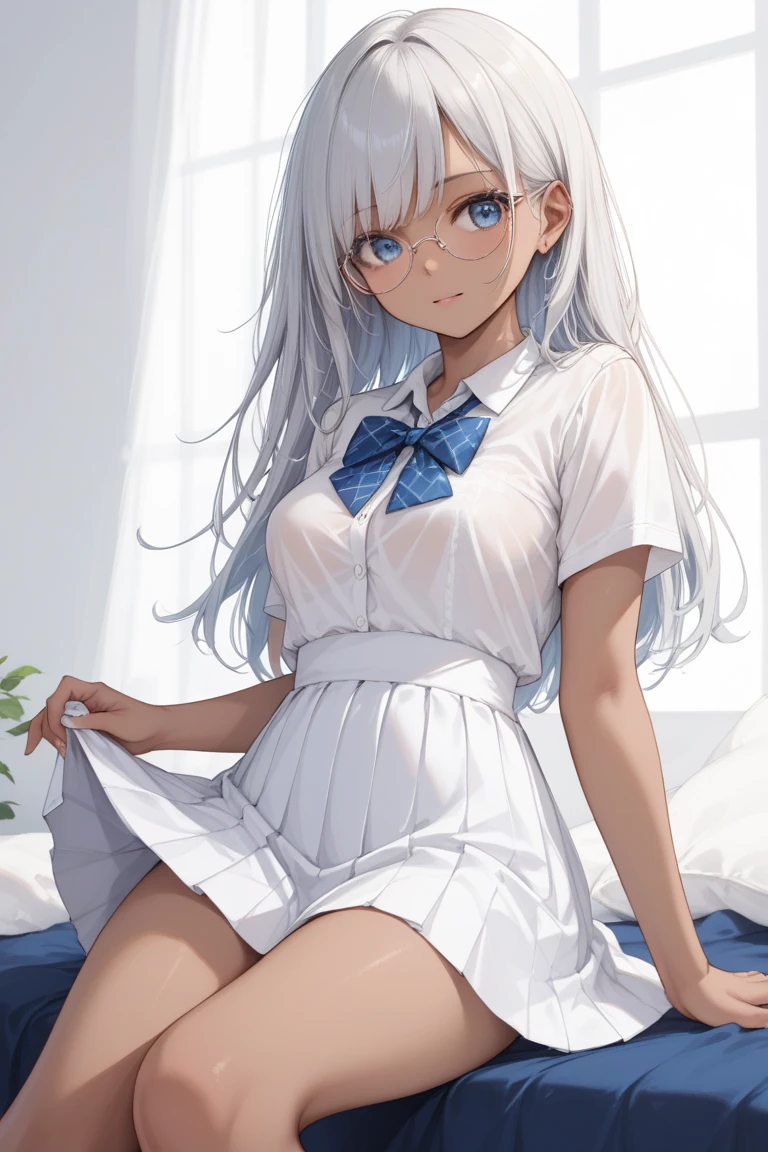 Best quality, Masterpiece, 1 girls, Wear white clothes, Blue tie, wear blue skirt, white hair color, s There was sperm on her face, Sweating, Wet panties.Not wearing a bra.