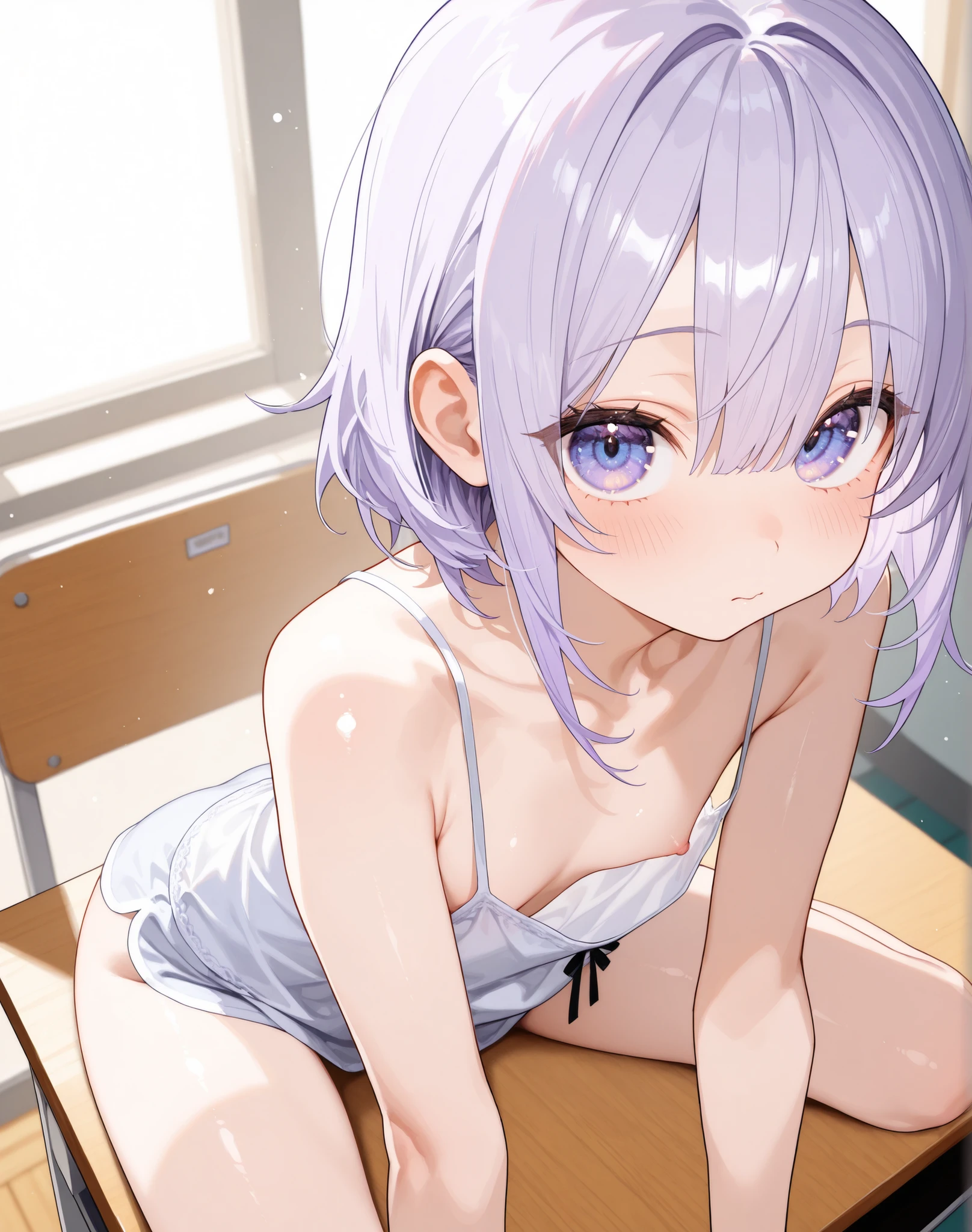 (masterpiece, best quality:1.2), 8k, official art, raw photo, incredibly absurdres, ,highschool student,beautiful girl, pretty face, arch back, , close up, , short sleeve, gardenia, bob cut, , classroom, looking at viewer, (cowboyshot:1.3),(small brests:1.2),(skinny:1.2),lamenation,(fullnude:1.7),pussy,